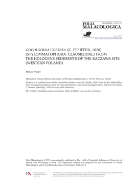 Cochlodina Costata (C. Pfeiffer, 1828) (Stylommatophora: Clausiliidae) from the Holocene Sediments of the Kaczawa Mts