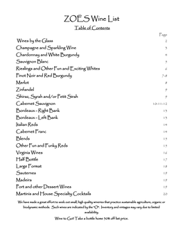 ZOËS Wine List