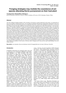 Foraging Strategies May Mediate the Coexistence of Ant Species Attending Kerria Yunnanensis on Their Host Plant