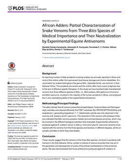 African Adders: Partial Characterization of Snake Venoms from Three Bitis Species of Medical Importance and Their Neutralization by Experimental Equine Antivenoms