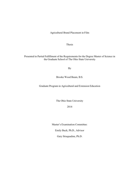 Agricultural Brand Placement in Film Thesis Presented in Partial Fulfillment of the Requirements for the Degree Master of Scienc