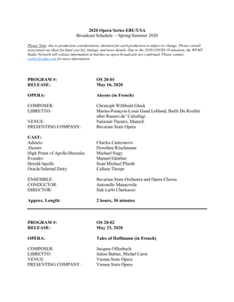 2020 Opera Series EBU/USA Broadcast Schedule —Spring/Summer 2020