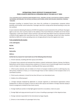 INTERNATIONAL TRAVEL CERTIFICATE to MAINLAND FRANCE from a COUNTRY IDENTIFIED AS a SPREADING ZONE of the SARS-Cov-2* VIRUS