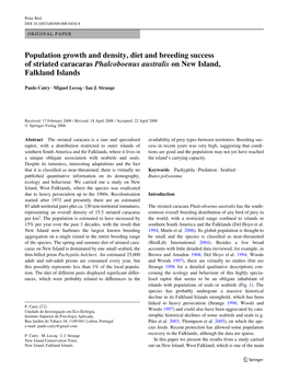 Population Growth and Density, Diet and Breeding Success of Striated Caracaras Phalcoboenus Australis on New Island, Falkland Islands