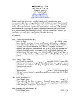 THOMAS G. BENNER 25 Wheeler St., Apt. 316 Cambridge, MA 02138 617-921-0638 (Cell) Tgbenner@Gmail.Com