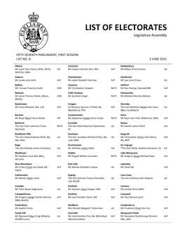 LIST of ELECTORATES Legislative Assembly
