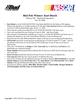 Bud Pole Winner: Kurt Busch Subway 500 – Martinsville Speedway Oct