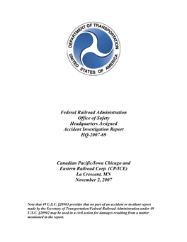 Federal Railroad Administration Office of Safety Headquarters Assigned Accident Investigation Report HQ-2007-69