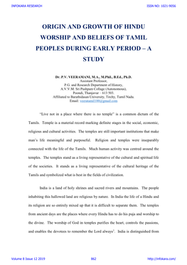 Origin and Growth of Hindu Worship and Beliefs of Tamil Peoples During Early Period – a Study