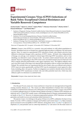 Experimental Cowpox Virus (CPXV) Infections of Bank Voles: Exceptional Clinical Resistance and Variable Reservoir Competence