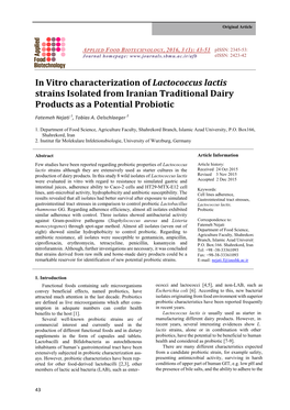 In Vitro Characterization of Lactococcus Lactis Strains Isolated from Iranian Traditional Dairy Products As a Potential Probiotic