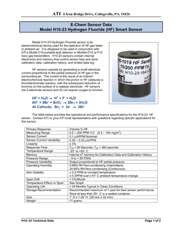 E-Chem Sensor Data Model H10-23 Hydrogen Fluoride (HF) Smart Sensor