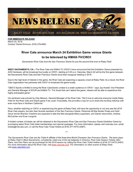 River Cats Announce March 24 Exhibition Game Versus Giants To