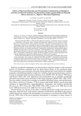 Effects of Piperonyl Butoxide and Tetramethrin Combinations On