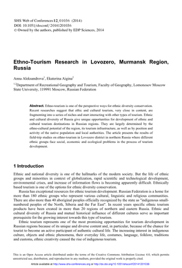 Ethno-Tourism Research in Lovozero, Murmansk Region, Russia