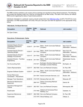 Railroad Job Vacancies Reported to the RRB 844 North Rush Street TTY: (312) 751-4701 December 18, 2017 Chicago, Illinois 60611-1275 Website