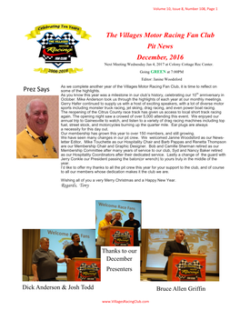 The Villages Motor Racing Fan Club Pit News December, 2016 Prez Says