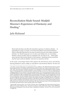 Reconciliation Made Sound: Madjitil Moorna's Experience of Harmony