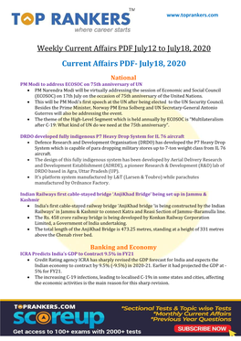 Current Affairs PDF July12 to July18, 2020