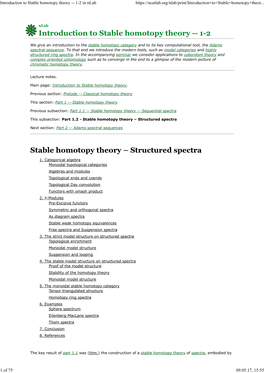 Introduction to Stable Homotopy Theory -- 1-2 in Nlab