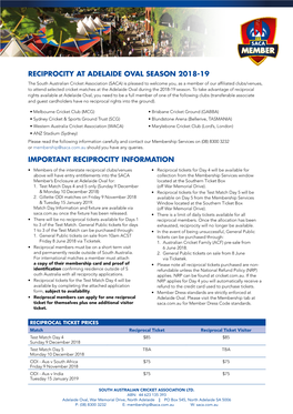 Reciprocity at Adelaide Oval Season 2018-19 Important