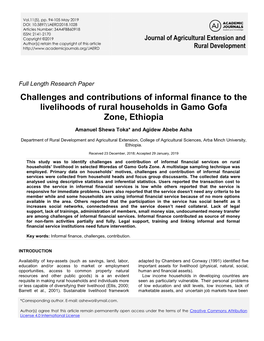 Challenges and Contributions of Informal Finance to the Livelihoods of Rural Households in Gamo Gofa Zone, Ethiopia