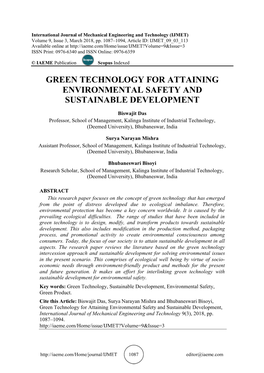 Green Technology for Attaining Environmental Safety and Sustainable Development