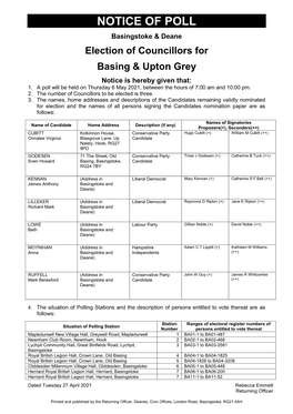 Basingstoke and Deane Borough Council Notices of Poll and Situation of Polling Stations