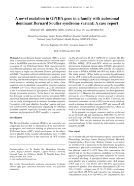 A Novel Mutation in GP1BA Gene in a Family with Autosomal Dominant Bernard Soulier Syndrome Variant: a Case Report