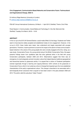 Civic Engagement, Communication-Based Networks and Conservative Future: Technocultural and Organisational Change, 2008-10