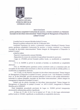 ROMANIA JUDETUL COVASA COMUNA MICFALAU CONSILIUL LOCAL HOTARARE Pentru Aprobarea Completarii Contractului De Asociere, a Actului