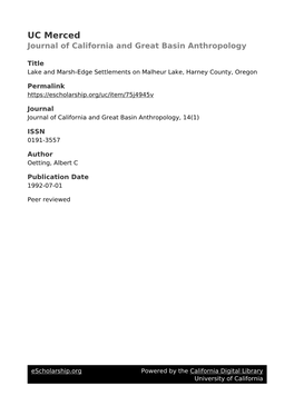 Lake and Marsh-Edge Settlements on Malheur Lake, Harney County, Oregon