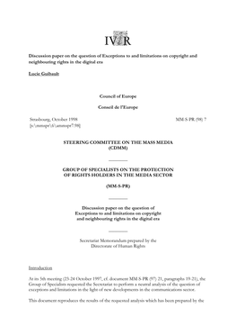Discussion Paper on the Question of Exceptions to and Limitations on Copyright and Neighbouring Rights in the Digital Era