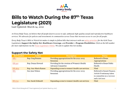 Bills to Watch During the 87Th Texas Legislature (2021) Last Updated: March 14, 2021