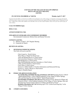 Council of the Village of Yellow Springs Regular Council Meeting Agenda