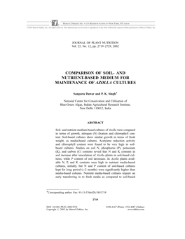 Comparison of Soil- and Nutrient-Based Medium for Maintenance of Azolla Cultures