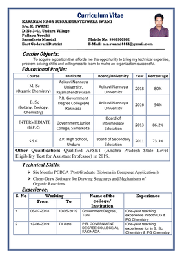 Curriculum Vitae KARANAM NAGA SUBRAHMANYESWARA SWAMI S/O