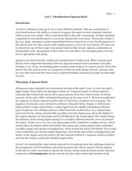 Page - 1 Lab 3 - Identification of Igneous Rocks