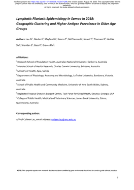 Lymphatic Filariasis Epidemiology in Samoa in 2018: Geographic Clustering and Higher Antigen Prevalence in Older Age Groups