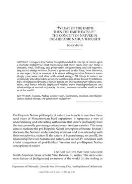 “We Eat of the Earth Then the Earth Eats Us1”: the Concept of Nature in Pre-Hispanic Nahua Thought