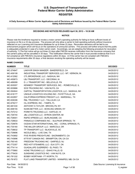 U.S. Department of Transportation Federal Motor Carrier Safety Administration REGISTER