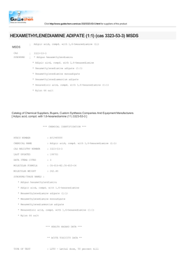 HEXAMETHYLENEDIAMINE ADIPATE (1:1) (Cas 3323-53-3) MSDS