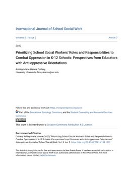 Prioritizing School Social Workers' Roles and Responsibilities to Combat Oppression in K-12 Schools: Perspectives from Educators with Anti-Oppressive Orientations