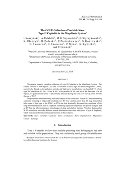 The OGLE Collection of Variable Stars. Type II Cepheids in the Magellanic System∗ I.Soszynski´ 1 , A.Udalski1 , M.K.Szymanski´ 1 , Ł.Wyrzykowski1 , K