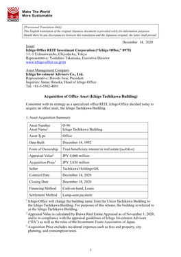 Acquisition of Office Asset (Ichigo Tachikawa Building)