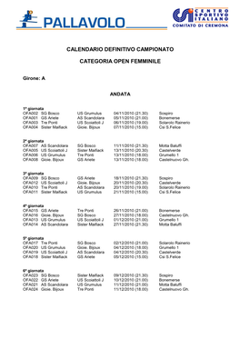 Calendario Definitivo Open Femminile