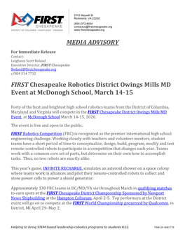 MEDIA ADVISORY FIRST Chesapeake Robotics District Owings Mills MD Event at Mcdonogh School, March 14-15