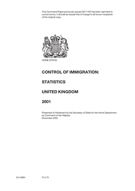 Control of Immigration: Statistics United Kingdom 2001
