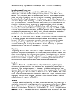 Mammal Inventory at Oregon Islands National Wildlife Refuge, Crook