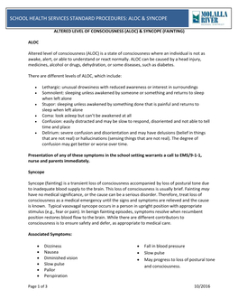 Altered Level of Consciousness (Aloc) & Syncope